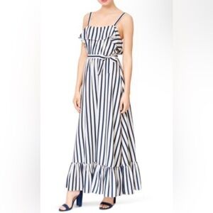 BETSEY JOHNSON Striped Square Neck Ruffle Hem Maxi Dress, White/ Navy, Size 2.